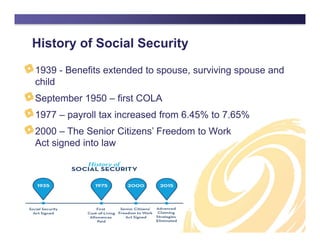History of Social Security
1939 - Benefits extended to spouse, surviving spouse and
child
September 1950 – first COLA
1977 – payroll tax increased from 6.45% to 7.65%
2000 – The Senior Citizens’ Freedom to Work
Act signed into law
 