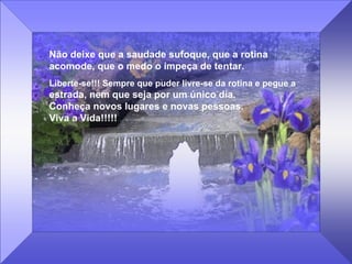 Não deixe que a saudade sufoque, que a rotina acomode, que o medo o impeça de tentar.  Liberte-se!!! Sempre que puder livre-se da rotina e pegue a  estrada, nem que seja por um único dia.  Conheça novos lugares e novas pessoas.  Viva a Vida!!!!! 