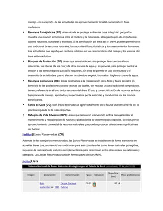 manejo, con excepción de las actividades de aprovechamiento forestal comercial con fines
    madereros.

   Reservas Paisajísticas (RP): áreas donde se protege ambientes cuya integridad geográfica
    muestra una relación armoniosa entre el hombre y la naturaleza, albergando por ello importantes
    valores naturales, culturales y estéticos. Si la zonificación del área así lo prevé, pueden permitirse el
    uso tradicional de recursos naturales, los usos científicos y turísticos y los asentamientos humanos.
    Las actividades que signifiquen cambios notables en las características del paisaje y los valores del
    área están excluidas.

   Bosques de Protección (BP): áreas que se establecen para proteger las cuencas altas o
    colectoras, las riberas de los ríos y de otros cursos de agua y, en general, para proteger contra la
    erosión a las tierras frágiles que así lo requieran. En ellos se permite el uso de recursos y el
    desarrollo de actividades que no afecten la cobertura vegetal, los suelos frágiles o cursos de agua.

   Reservas Comunales (RC): áreas destinadas a la conservación de la flora y fauna silvestre en
    beneficio de las poblaciones rurales vecinas las cuales, por realizar un uso tradicional comprobado,
    tienen preferencia en el uso de los recursos del área. El uso y comercialización de recursos se hace
    bajo planes de manejo, aprobados y supervisados por la autoridad y conducidos por los mismos
    beneficiarios.

   Cotos de Caza (CC): son áreas destinadas al aprovechamiento de la fauna silvestre a través de la
    práctica regulada de la caza deportiva.

   Refugios de Vida Silvestre (RVS): áreas que requieren intervención activa para garantizar el
    mantenimiento y recuperación de hábitats y poblaciones de determinadas especies. Se excluyen el
    aprovechamiento comercial de recursos naturales que puedan provocar alteraciones significativas
    del hábitat.
[editar]Zonas Reservadas (ZR)

Además de las categorías mencionadas, las Zonas Reservadas se establecen de forma transitoria en
aquellas áreas que, reuniendo las condiciones para ser consideradas como áreas naturales protegidas,
requieren la realización de estudios complementarios para determinar, entre otras cosas, su extensión y
categoría. Las Zonas Reservadas también forman parte del SINANPE.

[editar]Lista
    Sistema Nacional de Áreas Naturales Protegidas por el Estado de Perú (actualizado, 27 de julio 2011)

                                                                               Superficie
    Imagen           Declaración       Denominación      Figura   Ubicación                 Otras protecciones
                                                                                 (km²)

                8 de               Parque Nacional       PN-01                       82,14 -
                septiembre de 1961 Cutervo
 