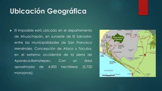 Ubicación Geográfica
 El Imposible está ubicado en el departamento
de Ahuachapán, en suroeste de El Salvador,
entre las municipalidades de San Francisco
Menéndez, Concepción de Ataco y Tacuba,
en el extremo occidental de la sierra de
Apaneca-Ilamatepec. Con un área
aproximada de 4,000 hectáreas (5,720
manzanas).
 