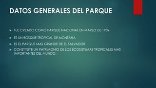 DATOS GENERALES DEL PARQUE
 FUE CREADO COMO PARQUE NACIONAL EN MARZO DE 1989
 ES UN BOSQUE TROPICAL DE MONTAÑA
 ES EL PARQUE MAS GRANDE DE EL SALVADOR
 CONSTITUYE UN PATRIMONIO DE LOS ECOSISTEMAS TROPICALES MAS
IMPORTANTES DEL MUNDO.
 