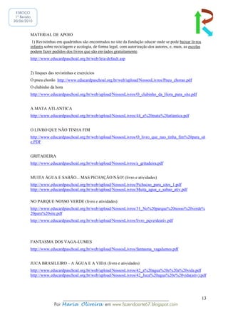 ESBOÇO
 1ª Revisão
20/06/2010



         MATERIAL DE APOIO
          1) Revistinhas em quadrinhos são encontrados no site da fundação educar onde se pode baixar livros
         infantis sobre reciclagem e ecologia, de forma legal, com autorização dos autores, e, mais, as escolas
         podem fazer pedidos dos livros que são enviados gratuitamente.
         http://www.educardpaschoal.org.br/web/leia-default.asp


         2) linques das revistinhas e exercicios
         O pneu chorão http://www.educardpaschoal.org.br/web/upload/NossosLivros/Pneu_chorao.pdf
         O clubinho da hora
         http://www.educardpaschoal.org.br/web/upload/NossosLivros/O_clubinho_da_Hora_para_site.pdf


         A MATA ATLANTICA
         http://www.educardpaschoal.org.br/web/upload/NossosLivros/44_a%20mata%20atlantica.pdf


         O LIVRO QUE NÃO TINHA FIM
         http://www.educardpaschoal.org.br/web/upload/NossosLivros/O_livro_que_nao_tinha_fim%20para_sit
         e.PDF


         GRITADEIRA
         http://www.educardpaschoal.org.br/web/upload/NossosLivros/a_gritadeira.pdf


         MUITA ÁGUA E SABÃO... MAS PICHAÇÃO NÃO! (livro e atividades)
         http://www.educardpaschoal.org.br/web/upload/NossosLivros/Pichacao_para_sites_1.pdf
         http://www.educardpaschoal.org.br/web/upload/NossosLivros/Muita_agua_e_sabao_ativ.pdf

         NO PARQUE NOSSO VERDE (livro e atividades)
         http://www.educardpaschoal.org.br/web/upload/NossosLivros/31_No%20parque%20nosso%20verde%
         20para%20site.pdf
         http://www.educardpaschoal.org.br/web/upload/NossosLivros/livro_pqverdeativ.pdf




         FANTASMA DOS VAGA-LUMES
         http://www.educardpaschoal.org.br/web/upload/NossosLivros/fantasma_vagalumes.pdf


         JUCA BRASILEIRO – A ÁGUA E A VIDA (livro e atividades)
         http://www.educardpaschoal.org.br/web/upload/NossosLivros/42_a%20agua%20e%20a%20vida.pdf
         http://www.educardpaschoal.org.br/web/upload/NossosLivros/42_Juca%20agua%20e%20vida(ativ).pdf




                           ______________________________________________                                         13
                       Por Maria Oliveira em www.fazendoarte67.blogspot.com
 