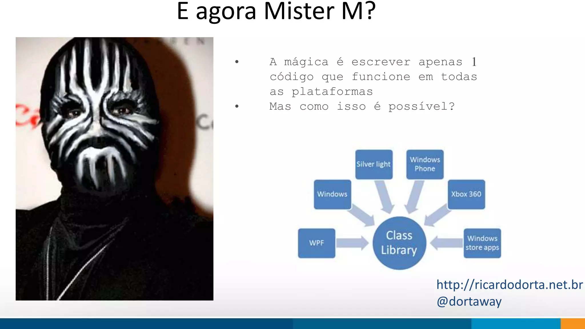 E agora Mister M? 
• A mágica é escrever apenas 1 
código que funcione em todas 
as plataformas 
• Mas como isso é possível? 
How do we think 
http://ricardodorta.net.br 
@dortaway 
 