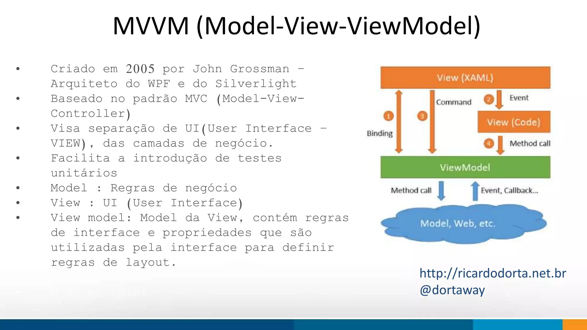MVVM (Model-View-ViewModel) 
• Criado em 2005 por John Grossman – 
Arquiteto do WPF e do Silverlight 
• Baseado no padrão MVC (Model-View- 
Controller) 
• Visa separação de UI(User Interface – 
VIEW), das camadas de negócio. 
• Facilita a introdução de testes 
Our objective is to provide innovation 
to society. 
We work to shape trends and ideas using 
technology. 
unitários 
• Model : Regras de negócio 
• View : UI (User Interface) 
• View model: Model da View, contém regras 
de interface e propriedades que são 
utilizadas pela interface para definir 
regras de layout. 
• w do we think 
http://ricardodorta.net.br 
@dortaway 
 