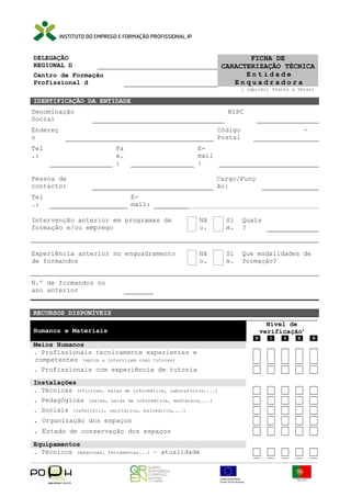 FICHA DE
CARACTERIZAÇÃO TÉCNICA
Entidade
Enquadradora

DELEGAÇÃO
REGIONAL D
Centro de Formação
Profissional d

( imprimir Frente e Verso)

IDENTIFICAÇÃO DA ENTIDADE
Denominação
Social

NIPC

Endereç
o

Código
Postal

Tel
.:

Fa
x.
:

-

Email
:

Pessoa de
contacto:

Cargo/Funç
ão:

Tel
.:

Email:

Intervenção anterior em programas de
formação e/ou emprego

Nã
o.

Si
m.

Quais
?

Experiência anterior no enquadramento
de formandos

Nã
o.

Si
m.

Que modalidades de
formação?

N.º de formandos no
ano anterior
RECURSOS DISPONÍVEIS
Nível de
verificação1

Humanos e Materiais
N

Meios Humanos
. Profissionais tecnicamente experientes e
competentes (aptos a intervirem como tutores)
. Profissionais com experiência de tutoria
Instalações
. Técnicas (oficinas,
. Pedagógicas
. Sociais

salas de informática, laboratórios,...)

(salas, salas de informática, mediateca,...)

(refeitório, sanitários, balneários,...)

. Organização dos espaços
. Estado de conservação dos espaços
Equipamentos
. Técnicos (máquinas,

ferramentas...)

– atualidade

I

S

B

M

 