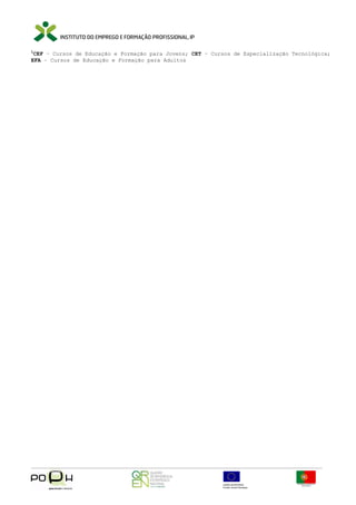 1

CEF – Cursos de Educação e Formação para Jovens; CET – Cursos de Especialização Tecnológica;
EFA – Cursos de Educação e Formação para Adultos

 