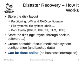 IT3 Consultants Relax-and-Recover Automated Testing 9
Disaster Recovery – How It
Works
● Store the disk layout
● Partition...