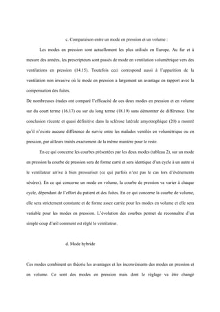c. Comparaison entre un mode en pression et un volume :
Les modes en pression sont actuellement les plus utilisés en Europe. Au fur et à
mesure des années, les prescripteurs sont passés de mode en ventilation volumétrique vers des
ventilations en pression (14.15). Toutefois ceci correspond aussi à l’apparition de la
ventilation non invasive où le mode en pression a largement un avantage en rapport avec la
compensation des fuites.
De nombreuses études ont comparé l’efficacité de ces deux modes en pression et en volume
sur du court terme (16.17) ou sur du long terme (18.19) sans démontrer de différence. Une
conclusion récente et quasi définitive dans la sclérose latérale amyotrophique (20) a montré
qu’il n’existe aucune différence de survie entre les malades ventilés en volumétrique ou en
pression, par ailleurs traités exactement de la même manière pour le reste.
En ce qui concerne les courbes présentées par les deux modes (tableau 2), sur un mode
en pression la courbe de pression sera de forme carré et sera identique d’un cycle à un autre si
le ventilateur arrive à bien pressuriser (ce qui parfois n’est pas le cas lors d’évènements
sévères). En ce qui concerne un mode en volume, la courbe de pression va varier à chaque
cycle, dépendant de l’effort du patient et des fuites. En ce qui concerne la courbe de volume,
elle sera strictement constante et de forme assez carrée pour les modes en volume et elle sera
variable pour les modes en pression. L’évolution des courbes permet de reconnaître d’un
simple coup d’œil comment est réglé le ventilateur.
d. Mode hybride
Ces modes combinent en théorie les avantages et les inconvénients des modes en pression et
en volume. Ce sont des modes en pression mais dont le réglage va être changé
 