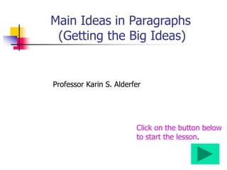 Main Ideas in Paragraphs
(Getting the Big Ideas)
Professor Karin S. Alderfer
Click on the button below
to start the lesson.
 