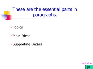 These are the essential parts in
paragraphs.
Topics
Main Ideas
Supporting Details
Next slide
 