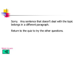Sorry. Any sentence that doesn’t deal with the topic
belongs in a different paragraph.
Return to the quiz to try the other questions.
Return to quiz.
 