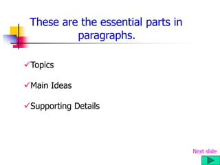 These are the essential parts in
paragraphs.
Topics
Main Ideas
Supporting Details
Next slide
 