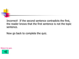 Incorrect! If the second sentence contradicts the first,
the reader knows that the first sentence is not the topic
sentence.
Now go back to complete the quiz.
Return to quiz.
 