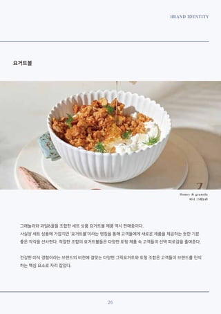 BRAND IDENTITY
26
요거트볼
Honey & granola
허니 그래놀라
그래놀라와 과일&꿀을 조합한 세트 상품 요거트볼 제품 역시 판매중이다.
사실상 세트 상품에 가깝지만 ‘요거트볼’이라는 명칭을 통해 고객들에게 새로운 제품을 제공하는 듯한 기분
좋은 착각을 선사한다. 적절한 조합의 요거트볼들은 다양한 토핑 제품 속 고객들의 선택 피로감을 줄여준다.
건강한 미식 경험이라는 브랜드의 비전에 걸맞는 다양한 그릭요거트와 토핑 조합은 고객들이 브랜드를 인식
하는 핵심 요소로 자리 잡았다.
 