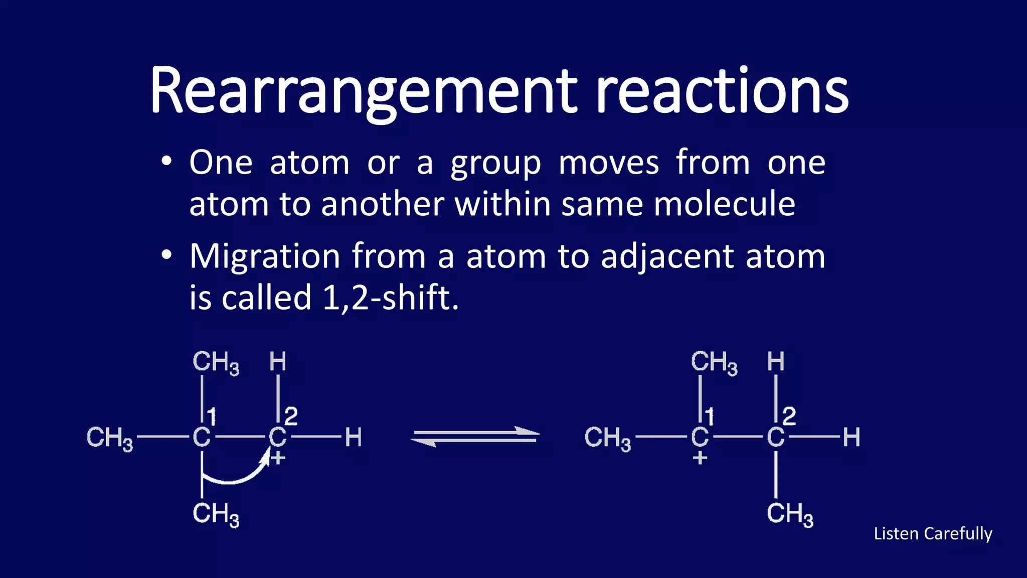 Rearrangement reactions
• One atom or a group moves from one
atom to another within same molecule
• Migration from a atom to adjacent atom
is called 1,2-shift.
Listen Carefully