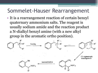 Sommelet-Hauser Rearrangement
• It is a rearrangement reaction of certain benzyl
quaternary ammonium salts. The reagent is
usually sodium amide and the reaction product
a N-dialkyl benzyl amine (with a new alkyl
group in the aromatic ortho position).
 