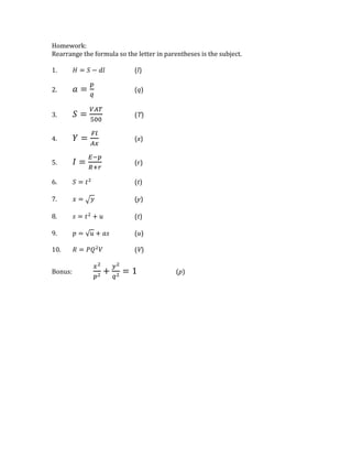Rearranging formulae