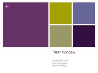 +
Rear Window
Dr Steve Gaunson
Textual Crossings
RMIT University
 