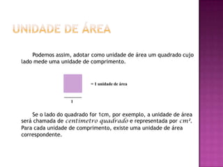 Unidade de Área	Podemos assim, adotar como unidade de área um quadrado cujo lado mede uma unidade de comprimento. = 1 unidade de área1	Se o lado do quadrado for 1cm, por exemplo, a unidade de área será chamada de centímetro quadrado e representada por cm². Para cada unidade de comprimento, existe uma unidade de área correspondente.