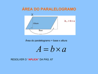 ÁREA DO PARALELOGRAMO Área do paralelogramo = base x altura  RESOLVER O  “APLICA”  DA PÁG. 67 