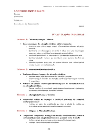REFERENCIAL de EDUCAÇÃO AMBIENTAL PARA A SUSTENTABILIDADE
1.º CICLO DO ENSINO BÁSICO
Temas
Subtemas
Objetivos
Descritores de Desempenho
TEMA
- 40 -
IV - ALTERAÇÕES CLIMÁTICAS
Subtema A – Causas das Alterações Climáticas
 Conhecer as causas das alterações climáticas a diferentes escalas
 Reconhecer que existem causas naturais e humanas que provocam alterações
climáticas.
 Identificar o aumento dos gases com efeito de estufa como uma das principais
causas com origem na atividade humana das alterações climáticas.
 Reconhecer a importância do efeito de estufa para a existência de vida na Terra.
 Identificar atividades humanas que contribuem para o aumento do efeito de
estufa.
 Identificar atividades do dia-a-dia que podem contribuir para a diminuição de
emissão de gases com efeito de estufa.
Subtema B – Impactes das Alterações Climáticas
 Analisar os diferentes impactes das alterações climáticas
 Identificar alguns impactes resultantes das alterações climáticas.
 Reconhecer alguns impactes das alterações climáticas provocadas pelo aumento
de temperatura.
 Participar em ações de sensibilização sobre os impactes das atividades humanas
nas alterações climáticas
 Elaborar trabalhos de comunicação a partir de pesquisas sobre as principais ações
das pessoas com impacte nas alterações climáticas.
Subtema C – Adaptação às Alterações Climáticas
 Implementar práticas de adaptação às alterações climáticas nos contextos
familiar e comunitário
 Participar em ações de sensibilização que visem a adoção de medidas de
adaptação às alterações climáticas na família e na comunidade.
Subtema D – Mitigação às Alterações Climáticas
 Compreender a importância de adoção de atitudes, comportamentos, práticas e
técnicas conducentes à redução das emissões de gases com efeito de estufa
 Conhecer comportamentos que promovam o uso eficiente da energia.
 Promover hábitos de mobilidade sustentável.
 