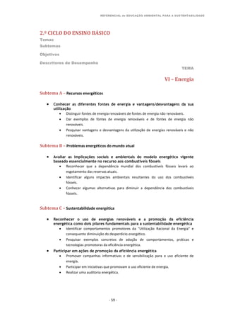 REFERENCIAL de EDUCAÇÃO AMBIENTAL PARA A SUSTENTABILIDADE
2.º CICLO DO ENSINO BÁSICO
Temas
Subtemas
Objetivos
Descritores de Desempenho
TEMA
- 59 -
VI – Energia
Subtema A – Recursos energéticos
 Conhecer as diferentes fontes de energia e vantagens/desvantagens da sua
utilização
 Distinguir fontes de energia renováveis de fontes de energia não renováveis.
 Dar exemplos de fontes de energia renováveis e de fontes de energia não
renováveis.
 Pesquisar vantagens e desvantagens da utilização de energias renováveis e não
renováveis.
Subtema B – Problemas energéticos do mundo atual
 Avaliar as implicações sociais e ambientais do modelo energético vigente
baseado essencialmente no recurso aos combustíveis fósseis
 Reconhecer que a dependência mundial dos combustíveis fósseis levará ao
esgotamento das reservas atuais.
 Identificar alguns impactes ambientais resultantes do uso dos combustíveis
fósseis.
 Conhecer algumas alternativas para diminuir a dependência dos combustíveis
fósseis.
Subtema C – Sustentabilidade energética
 Reconhecer o uso de energias renováveis e a promoção da eficiência
energética como dois pilares fundamentais para a sustentabilidade energética
 Identificar comportamentos promotores da "Utilização Racional da Energia” e
consequente diminuição do desperdício energético.
 Pesquisar exemplos concretos de adoção de comportamentos, práticas e
tecnologias promotoras da eficiência energética.
 Participar em ações de promoção da eficiência energética
 Promover campanhas informativas e de sensibilização para o uso eficiente de
energia.
 Participar em iniciativas que promovam o uso eficiente de energia.
 Realizar uma auditoria energética.
 