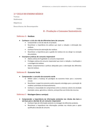 REFERENCIAL de EDUCAÇÃO AMBIENTAL PARA A SUSTENTABILIDADE
3.º CICLO DO ENSINO BÁSICO
Temas
Subtemas
Objetivos
Descritores de Desempenho
TEMA
- 66 -
II - Produção e Consumo Sustentáveis
Subtema A – Resíduos
 Conhecer o ciclo de vida de diferentes bens de consumo
 Compreender o ciclo de vida de um produto.
 Reconhecer a importância de práticas que visam a redução e otimização dos
resíduos.
 Conhecer formas de valorização dos resíduos.
 Reconhecer a importância para a gestão de resíduos do eco design na conceção
dos produtos.
 Incorporar práticas de consumo responsável
 Adotar práticas de frugalidade no consumo responsável.
 Privilegiar práticas de consumo responsável que visem a redução, a reutilização e
a reciclagem de resíduos.
 Adotar comportamentos e práticas adequadas para a valorização dos diferentes
tipos de resíduos.
Subtema B – Economia Verde
 Compreender o conceito de economia verde
 Refletir sobre a mudança de paradigma da economia linear para a economia
circular.
 Reconhecer o papel da economia verde enquanto estratégia para a promoção de
modelos sustentáveis de desenvolvimento.
 Conhecer a necessidade de compromissos entre os diversos setores de atividade
(exemplos: pesca, agricultura, indústria, serviços) face aos limites dos recursos.
Subtema C – Rotulagem (bens e serviços)
 Compreender a importância da informação existente nos rótulos dos bens e
serviços para a decisão de um consumo responsável
 Conhecer tipos de informação existente na rotulagem de diferentes produtos.
 Reconhecer a importância das informações contidas nos rótulos para o apoio
qualificado à decisão de consumo.
 