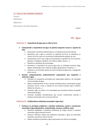 REFERENCIAL de EDUCAÇÃO AMBIENTAL PARA A SUSTENTABILIDADE
3.º CICLO DO ENSINO BÁSICO
Temas
Subtemas
Objetivos
Descritores de Desempenho
TEMA
- 78 -
VII - Água
Subtema A – Importância da água para a vida na Terra
 Compreender a importância da água no planeta enquanto recurso e suporte da
vida
 Desenvolver consciência ambiental para o uso eficiente de recursos hídricos.
 Reconhecer que a água se encontra na superfície da Terra, na atmosfera, no
interior da Terra e que é um constituinte fundamental de qualquer ser vivo.
 Compreender como é que a água está distribuída à superfície da Terra (oceanos,
glaciares e icebergues, aquíferos, rios, ribeiras, lagoas, charcos, ...).
 Identificar as dinâmicas do ciclo da água.
 Reconhecer a importância do recurso água para as atividades humanas (rega,
higiene, alimentação, lazer, indústria, energia, agropecuária, transporte,...).
 Conhecer os 12 princípios básicos da Carta Europeia da Água para a salvaguarda
deste recurso.
 Assumir comportamentos ambientalmente responsáveis que respeitem e
valorizem a água
 Participar em campanhas promovidas por organizações públicas e da sociedade
civil em benefício da água.
 Adotar comportamentos no dia a dia que contribuam para a preservação da água
enquanto recurso e para a redução do seu consumo (poupar água, modificar
hábitos de consumo, ...).
 Promover ações na escola e na comunidade que incentivem práticas de gestão
responsável da água.
 Promover atividades socioeducativas que incluam componentes culturais e
artísticas relacionadas com os recursos hídricos.
Subtema B – Problemáticas ambientais associadas à água doce
 Conhecer os principais problemas e desafios ambientais, sociais e económicos
associados à água (desperdício, contaminação, escassez, conflitos, seca)
 Identificar fragilidades e problemas ambientais de origem natural e antrópica
associados à água enquanto recurso.
 Conhecer diferentes origens dos problemas associados à água nas dimensões
ambiental, económica, social e cultural.
 Debater problemas associados à água relacionados com ciência e tecnologia.
 