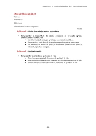REFERENCIAL de EDUCAÇÃO AMBIENTAL PARA A SUSTENTABILIDADE
ENSINO SECUNDÁRIO
Temas
Subtemas
Objetivos
Descritores de Desempenho
TEMA
- 86 -
Subtema D – Modos de produção agrícola sustentáveis
 Compreender a necessidade de adotar processos de produção agrícola
ambientalmente sustentáveis
 Identificar modos de produção agrícola que visem a sustentabilidade.
 Compreender a importância de desenvolver modos de produção sustentáveis.
 Dar exemplos de modos de produção sustentáveis (permacultura, produção
integrada, agricultura ecológica).
Subtema E – Qualidade de vida
 Compreender o conceito de qualidade de vida
 Reconhecer a complexidade do conceito de qualidade de vida.
 Selecionar indicadores estatísticos para caracterizar diferentes qualidades de vida
 Identificar medidas coletivas e individuais promotoras da qualidade de vida.
 