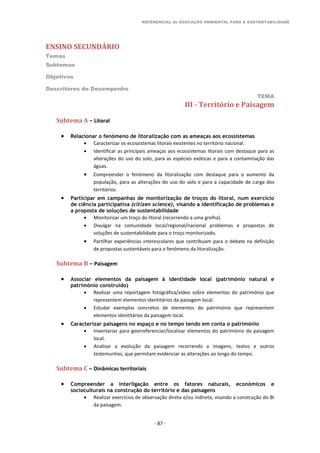 REFERENCIAL de EDUCAÇÃO AMBIENTAL PARA A SUSTENTABILIDADE
ENSINO SECUNDÁRIO
Temas
Subtemas
Objetivos
Descritores de Desempenho
TEMA
- 87 -
III - Território e Paisagem
Subtema A – Litoral
 Relacionar o fenómeno de litoralização com as ameaças aos ecossistemas
 Caracterizar os ecossistemas litorais existentes no território nacional.
 Identificar as principais ameaças aos ecossistemas litorais com destaque para as
alterações do uso do solo, para as espécies exóticas e para a contaminação das
águas.
 Compreender o fenómeno da litoralização com destaque para o aumento da
população, para as alterações do uso do solo e para a capacidade de carga dos
territórios.
 Participar em campanhas de monitorização de troços do litoral, num exercício
de ciência participativa (citizen science), visando a identificação de problemas e
a proposta de soluções de sustentabilidade
 Monitorizar um troço do litoral (recorrendo a uma grelha).
 Divulgar na comunidade local/regional/nacional problemas e propostas de
soluções de sustentabilidade para o troço monitorizado.
 Partilhar experiências interescolares que contribuam para o debate na definição
de propostas sustentáveis para o fenómeno da litoralização.
Subtema B – Paisagem
 Associar elementos da paisagem à identidade local (património natural e
património construído)
 Realizar uma reportagem fotográfica/vídeo sobre elementos do património que
representem elementos identitários da paisagem local.
 Estudar exemplos concretos de elementos do património que representem
elementos identitários da paisagem local.
 Caracterizar paisagens no espaço e no tempo tendo em conta o património
 Inventariar para georreferenciar/localizar elementos do património da paisagem
local.
 Analisar a evolução da paisagem recorrendo a imagens, textos e outros
testemunhos, que permitam evidenciar as alterações ao longo do tempo.
Subtema C – Dinâmicas territoriais
 Compreender a interligação entre os fatores naturais, económicos e
socioculturais na construção do território e das paisagens
 Realizar exercícios de observação direta e/ou indireta, visando a construção do BI
da paisagem.
 