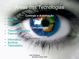 Áreas das Tecnologias Controlo e Automação Robótica ; Domótica ; CAD-CAM . Comunicação Telecomunicações ; Telemática . Computador Informática ; Burótica ; Teletrabalho . João Rodrigues  Bernardo Vitória 10ºM 