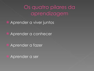 Aprender a viver juntos  Aprender a conhecer  Aprender a fazer  Aprender a ser  