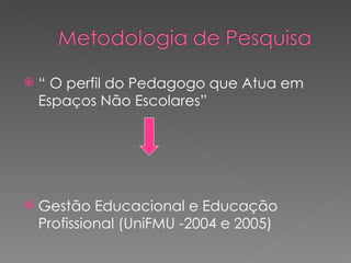 “  O perfil do Pedagogo que Atua em Espaços Não Escolares” Gestão Educacional e Educação Profissional (UniFMU -2004 e 2005) 