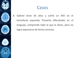A. Gabriel tiene 56 años y sufrió un AVE en el
hemisferio izquierdo. Presenta dificultades en el
lenguaje, comprende todo lo que le dicen, pero no
logra expresarse de forma correcta.
Casos
 