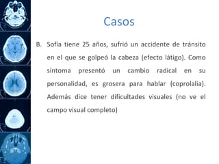 B. Sofía tiene 25 años, sufrió un accidente de tránsito
en el que se golpeó la cabeza (efecto látigo). Como
síntoma presentó un cambio radical en su
personalidad, es grosera para hablar (coprolalia).
Además dice tener dificultades visuales (no ve el
campo visual completo)
Casos
 
