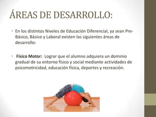 ÁREAS DE DESARROLLO:
• En los distintos Niveles de Educación Diferencial, ya sean Pre-
Básico, Básico y Laboral existen las siguientes áreas de
desarrollo:
• Físico Motor: Lograr que el alumno adquiera un dominio
gradual de su entorno físico y social mediante actividades de
psicomotricidad, educación física, deportes y recreación.