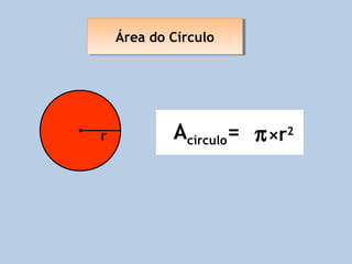 Área do Círculo
    Área do Círculo




r           Acírculo= π ×r2
 