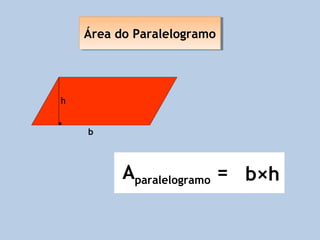 Área do Paralelogramo
    Área do Paralelogramo




h


    b



          Aparalelogramo = b×h
 