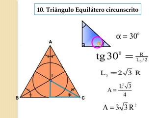10. Triângulo Equilátero circunscrito
.II
AA
BB CC
α
0
30α =
3
0 R
L /2tg30 =
3
L 2 3 R=
2
L 3
A
4
=
2
A 3 3R=
 