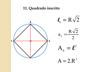 11. Quadrado inscrito
3
2
1
4
R 2=l
4
R 2
a
2
=
2
4
A = l
2
A 2.R=
 
