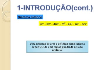 Sistema métrico
km2
– hm2
– dam2
– m2
– dm2
– cm2
– mm2
Uma unidade de área é definida como sendo a
superfície de uma região quadrada de lado
unitário.
 