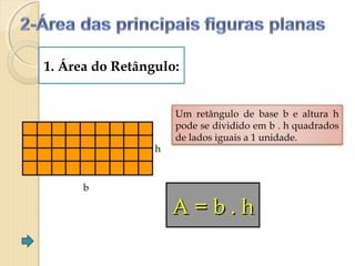 1. Área do Retângulo:
b
h
Um retângulo de base b e altura h
pode se dividido em b . h quadrados
de lados iguais a 1 unidade.
A = b . hA = b . h
 