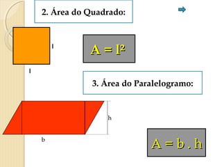 2. Área do Quadrado:
l
l
A = l²A = l²
3. Área do Paralelogramo:
b
h
A = b . hA = b . h
 