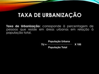 TAXA DE URBANIZAÇÃO
Taxa de Urbanização: corresponde à percentagem de
pessoas que reside em áreas urbanas em relação à
população total.
População Urbana
População Total
TU = X 100
 