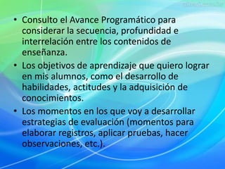 • Consulto el Avance Programático para 
considerar la secuencia, profundidad e 
interrelación entre los contenidos de 
enseñanza. 
• Los objetivos de aprendizaje que quiero lograr 
en mis alumnos, como el desarrollo de 
habilidades, actitudes y la adquisición de 
conocimientos. 
• Los momentos en los que voy a desarrollar 
estrategias de evaluación (momentos para 
elaborar registros, aplicar pruebas, hacer 
observaciones, etc.). 
 