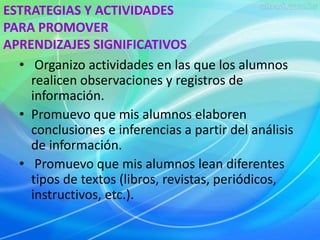 ESTRATEGIAS Y ACTIVIDADES 
PARA PROMOVER 
APRENDIZAJES SIGNIFICATIVOS 
• Organizo actividades en las que los alumnos 
realicen observaciones y registros de 
información. 
• Promuevo que mis alumnos elaboren 
conclusiones e inferencias a partir del análisis 
de información. 
• Promuevo que mis alumnos lean diferentes 
tipos de textos (libros, revistas, periódicos, 
instructivos, etc.). 
 