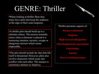 GENRE: Thriller When looking at thriller films they many have plots that keep the audience  at the edge of their seats/suspense.  A thriller plot should build up to a ultimate climax. The tension normally arises when a character is placed in a menacing situation, mystery, escape or dangerous mission which seems impossible.  The plot should include the idea that life itself is threatened. However; plots also involve characters which come into conflict with each other. The menace is sometimes abstract or shadowy. Thriller promotes aspects of: Intense excitement Suspense High level of anticipation Ultra-heightened expectations Uncertainty Anxiety Nerve-wrecking tension 