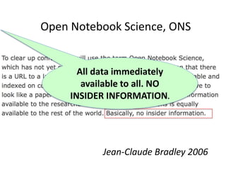 TOOLS
Open Notebook Science
Open
engineered
repository
World
community
INSTRUMENT
validate
merge
MODEL
CODE
DATA
DATA
knowledge
calibrate
Problems are solved communally;
Nothing is needlessly duplicated; “publication“ is
continuous ; data are SEMANTIC
Machines
and humans
Working
together
 