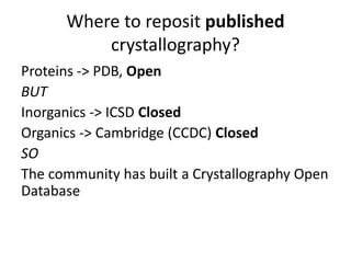 Restrictions on Re-use of Crystallographic data
NOTE: The CCDC is based on data contributed by
scientists as part of publication and validation
Crystallographic data from
publications now belongs to CCDC
 