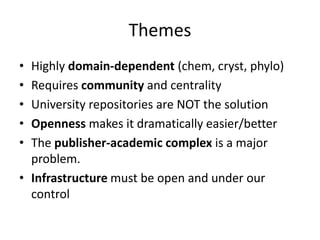 Themes
• Highly domain-dependent (chem, cryst, phylo)
• Requires community and centrality
• University repositories are NOT the solution
• Openness makes it dramatically easier/better
• The publisher-academic complex is a major
problem.
• Infrastructure must be open and under our
control
 
